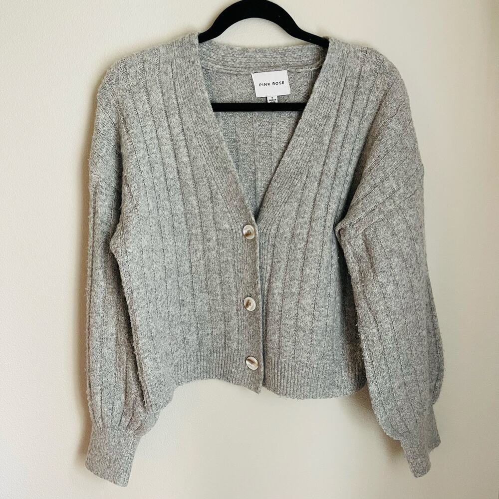 Pink Rose Gray Ribbed Balloon Sleeve Cardigan (S)